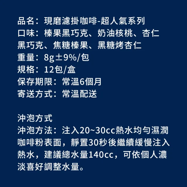 【順便幸福】現磨濾掛咖啡-超人氣系列12包x1盒(咖啡豆 咖啡粉 濾掛式)