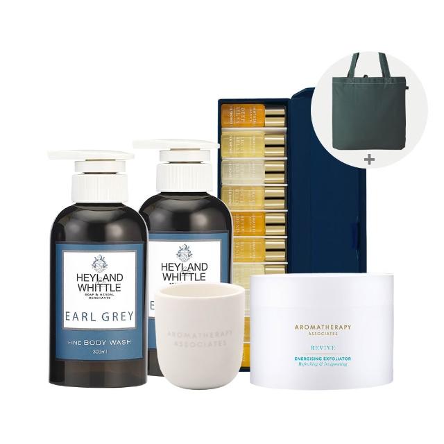 【AA 英國皇家芳療】身體護膚新春豪華組(磨砂霜200mL+迷你沐浴油禮盒3mLx10+香薰燭85g+舞茶沐洗組+托特袋)