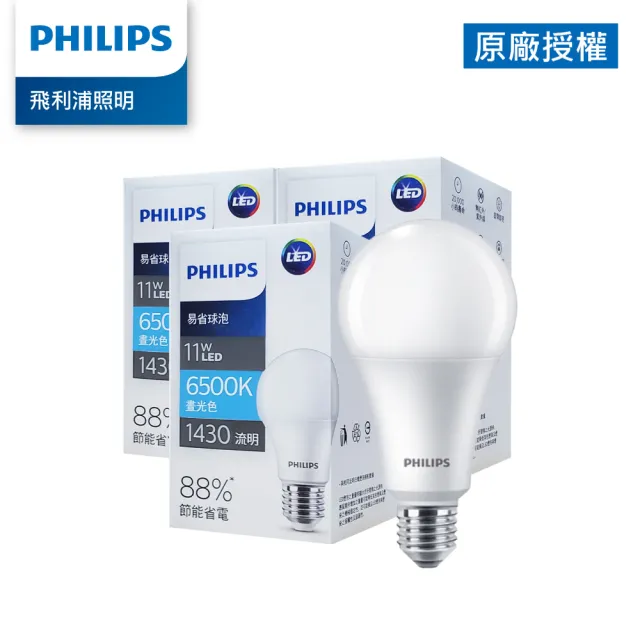 【PHILIPS 飛利浦照明】11W LED 易省球泡 無藍光危害 黃光/自然光/白光 3入(TLE4/TLE5/TLE6)