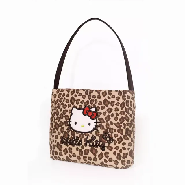 【SANRIO 三麗鷗】雙11 豹紋凱蒂貓手拎肩背包 HOBO包 (Hello Kitty)