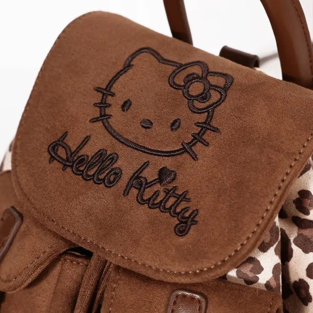 【SANRIO 三麗鷗】雙11 凱蒂貓麂皮豹紋便攜後背包雙肩包(Hello Kitty)