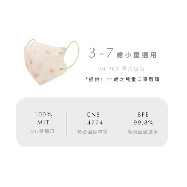 【辰昱】辰昱兒童3D透氣醫療口罩_30入單片裝/盒(0-12歲適用/無鼻樑條/親膚透氣)