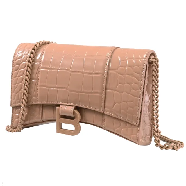 【Balenciaga 巴黎世家】WOC 經典B字LOGO鱷魚紋牛皮晚宴包鍊包斜背包(裸粉)