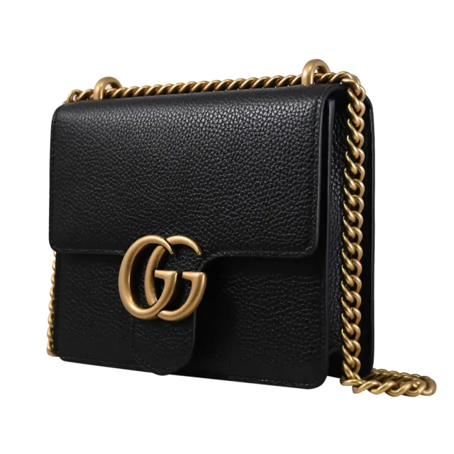 【GUCCI 古馳】Marmont 金屬雙G LOGO荔枝皮革翻蓋肩斜三用鍊包(黑)