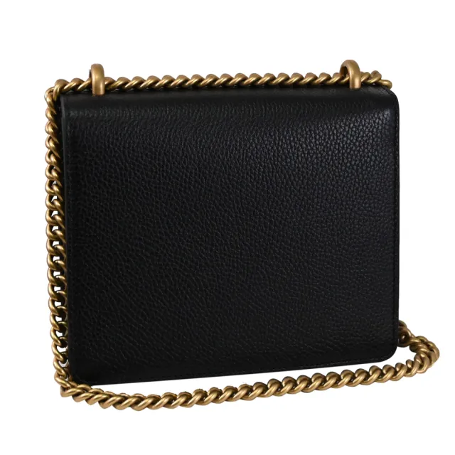 【GUCCI 古馳】Marmont 金屬雙G LOGO荔枝皮革翻蓋肩斜三用鍊包(黑)