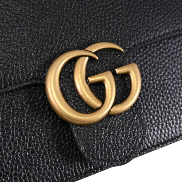 【GUCCI 古馳】Marmont 金屬雙G LOGO荔枝皮革翻蓋肩斜三用鍊包(黑)
