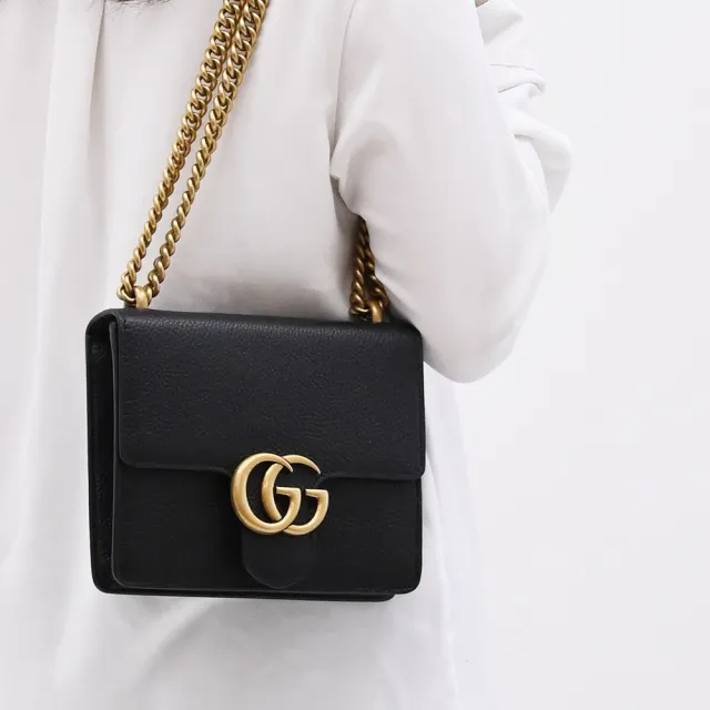 【GUCCI 古馳】Marmont 金屬雙G LOGO荔枝皮革翻蓋肩斜三用鍊包(黑)