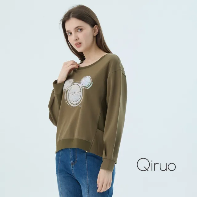 【Qiruo 奇若名品】棉質 圓領米老鼠淺綠短版長袖上衣2511A