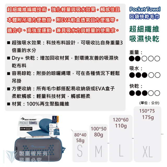 【SEA TO SUMMIT】口袋型快乾毛巾 - L(簡單收納/旅行/登山/運動/戶外/健身/輕量化/背包客)