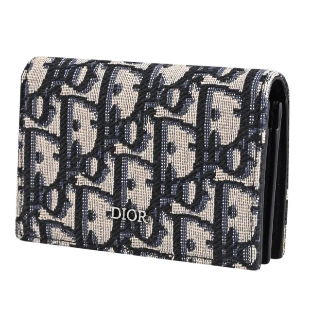 【Dior 迪奧】Oblique 品牌LOGO緹花布信用卡證件名片零錢包(深藍)