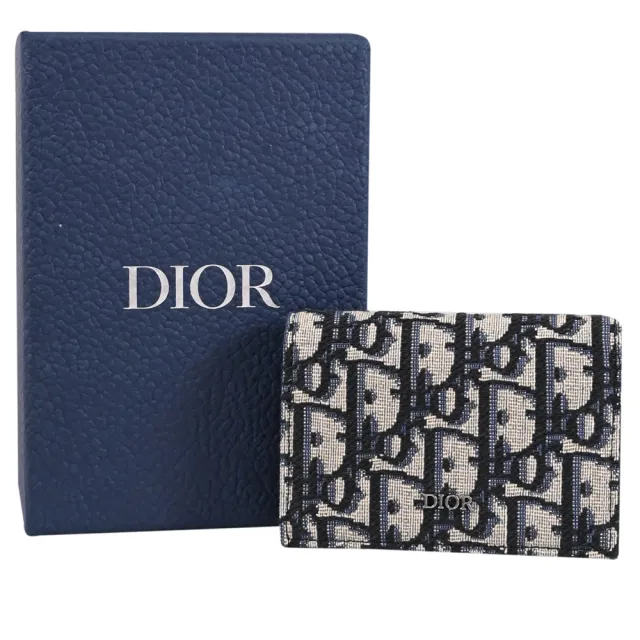 【Dior 迪奧】Oblique 品牌LOGO緹花布信用卡證件名片零錢包(深藍)
