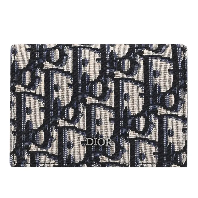 【Dior 迪奧】Oblique 品牌LOGO緹花布信用卡證件名片零錢包(深藍)
