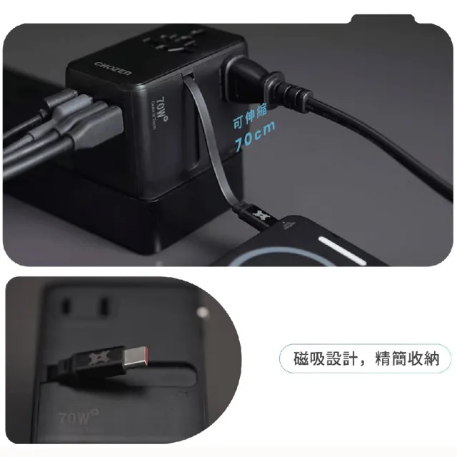 【CHOZEN】六合一 快充萬國插座｜PD70W氮化鎵x雙插孔x自帶快充線(萬國轉接頭｜冰河白/硯墨黑 TAC70)
