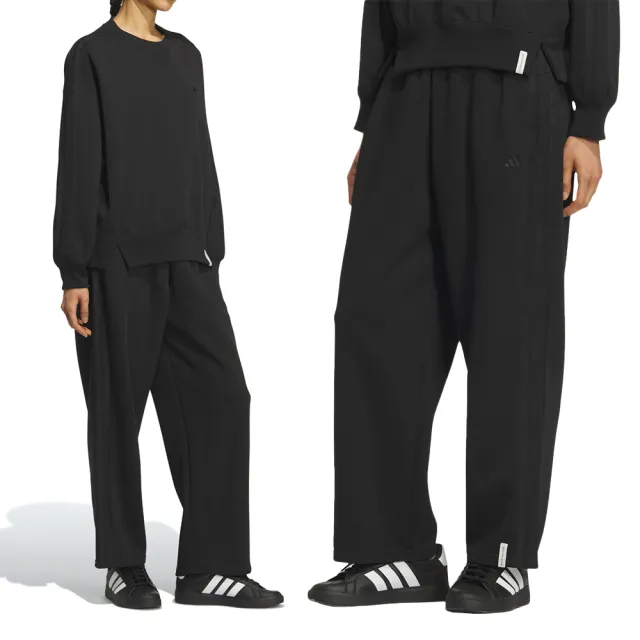 【adidas 愛迪達】ES+ 3S SWT PNT 女款 黑色 寬版 休閒 長褲 KF8244