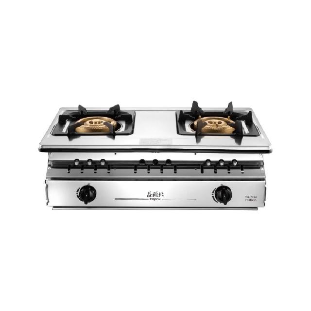  Topax莊頭北 TG-7706 雙口瓦斯爐，臺灣製造不鏽鋼爐臺，採用傳統外擴火焰設計，提供均勻加熱與高效能，瓦斯消耗量9~10kW，能源效率第四級。左旋直轉式自動點火，安全便捷。機體尺寸700×380×210mm，挖孔尺寸670×325mm，標準安裝保固1年，BSMI許可R51085。適閤家庭廚房，提升烹飪效率的專業瓦斯爐選擇。 