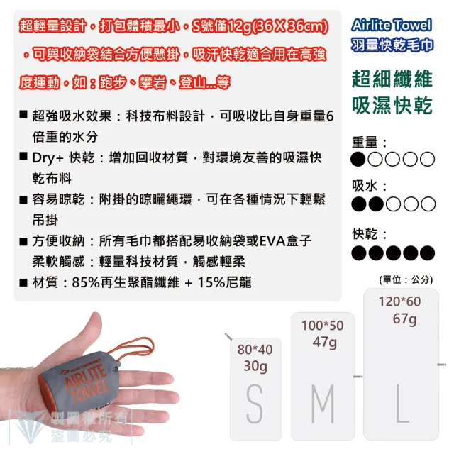 【SEA TO SUMMIT】羽量快乾毛巾_L(單車／運動／戶外／旅行／登山／輕量)