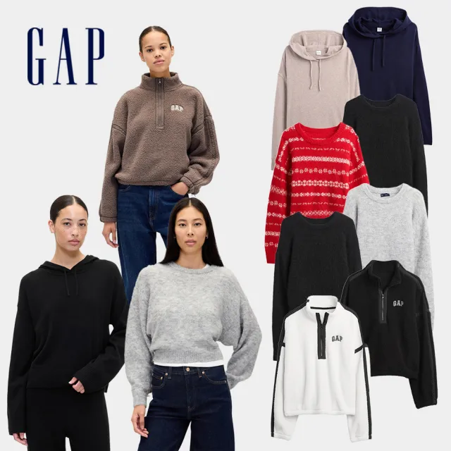 【GAP】女裝 Logo刺繡立領/圓領 長袖上衣/針織衫/帽T-多款任選(794845&844752&844423)