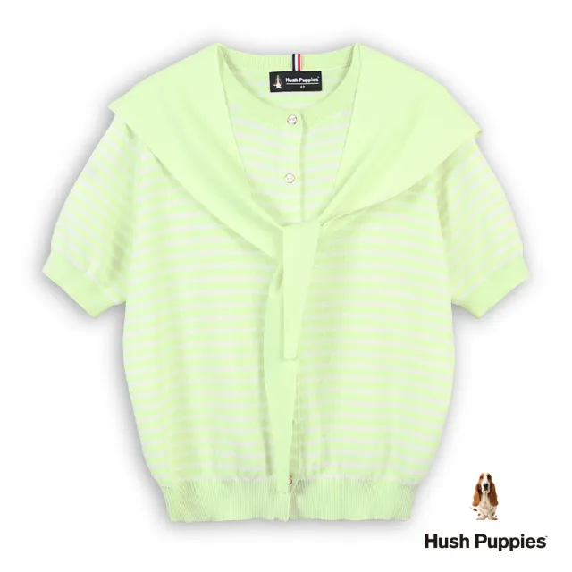 【Hush Puppies】女裝 線衫 橫條紋刺繡小狗開襟線衫(附帽披肩) (綠/白條紋 / 63213101)