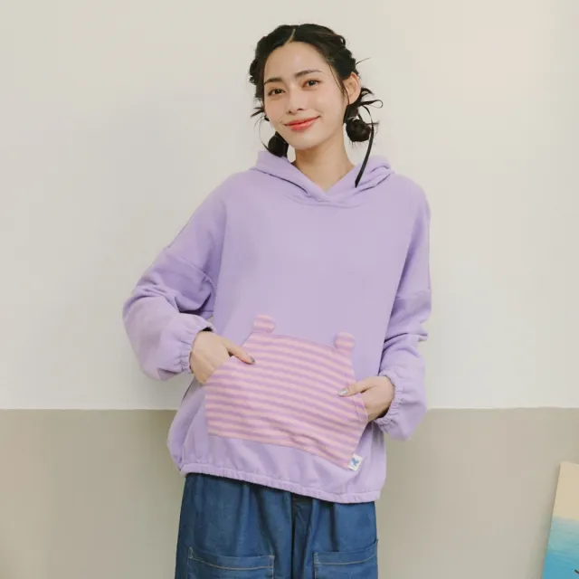 【Dailo】熊耳拼接條紋連帽T(駝 紫 灰/魅力商品)