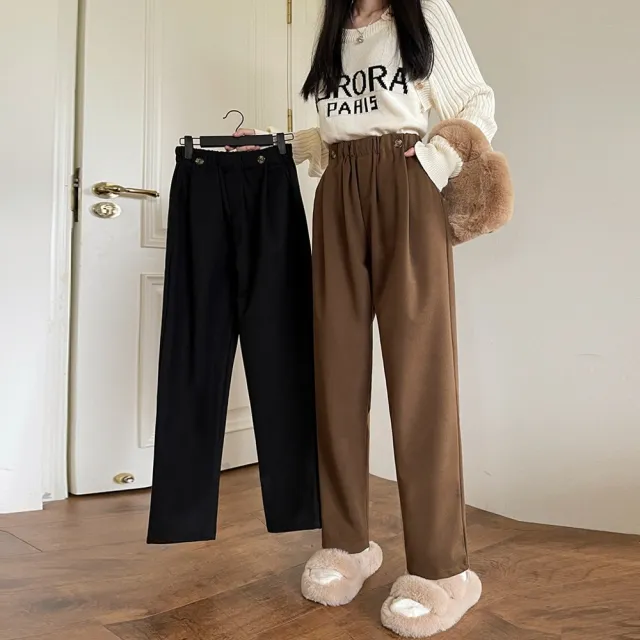 【AS 梨卡】棉褲 長褲 保暖褲 闊腿褲 寬褲 高腰垂休閒毛呢褲 寬鬆 直筒 休閒褲 寬鬆褲WT175