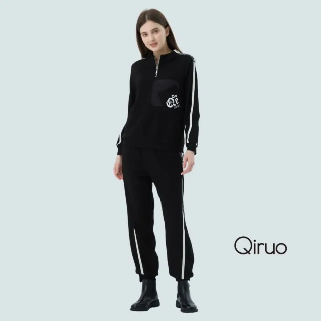 【Qiruo 奇若名品】厚棉保暖布料 拉鍊立領 滾線黑色長袖上衣7232A-02 