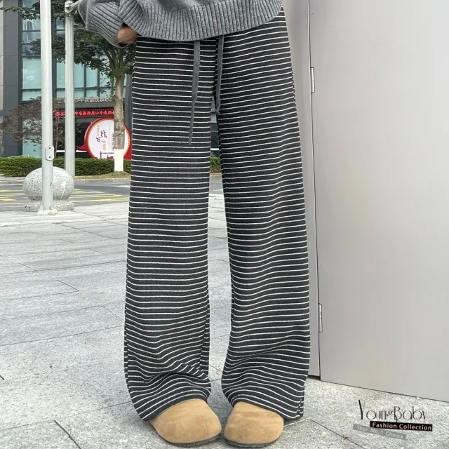 【YOUNGBABY】韓版復古條紋加絨保暖直筒闊腿褲(中大尺碼女裝)