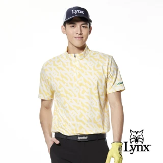 【Lynx Golf】男款吸濕排汗機能Lynx Club線條字樣立領短袖POLO衫/高爾夫球衫(亮黃色)