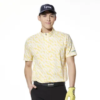 【Lynx Golf】男款吸濕排汗機能Lynx Club線條字樣立領短袖POLO衫/高爾夫球衫(亮黃色)