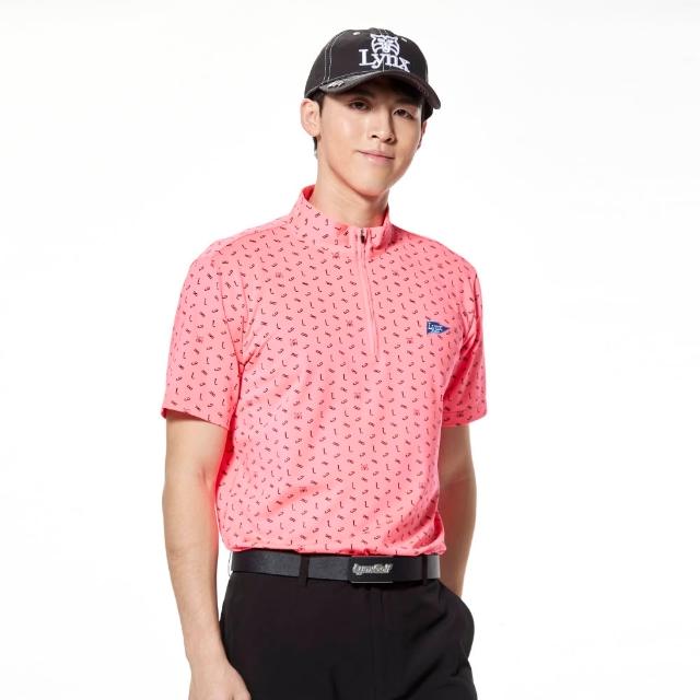【Lynx Golf】男款吸濕排汗亮眼螢光色系立領短袖POLO衫/高爾夫球衫(螢光粉色)