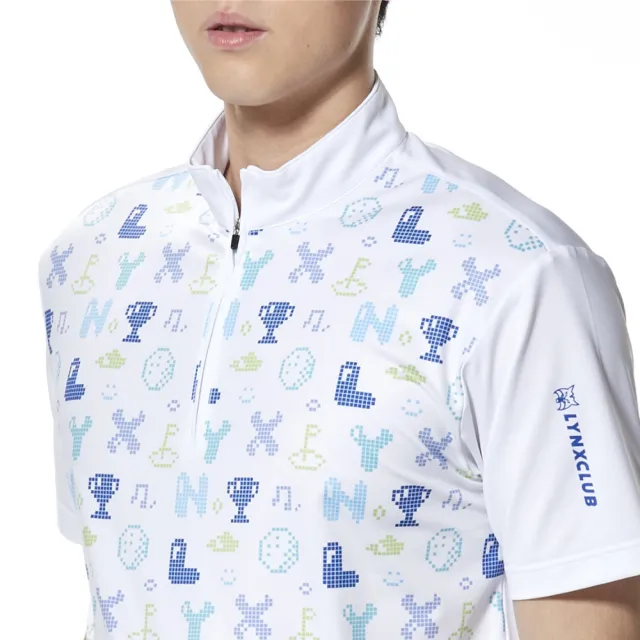 【Lynx Golf】男款吸濕排汗滿版彩色字母印花立領短袖POLO衫/高爾夫球衫(白色)