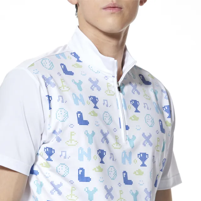 【Lynx Golf】男款吸濕排汗滿版彩色字母印花立領短袖POLO衫/高爾夫球衫(白色)
