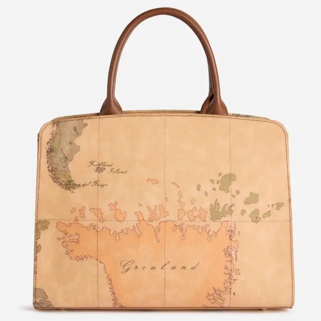【Alviero Martini】義大利地圖包 皮革釦環裝飾 手提側揹包30cm-地圖黃x咖啡色(肩揹 斜揹 手提包)