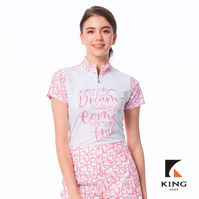 【KING GOLF】速達-網路限定款-女款英文草寫背面滿版kg印花透氣涼感小立領開襟短袖POLO衫/高爾夫球衫-粉色