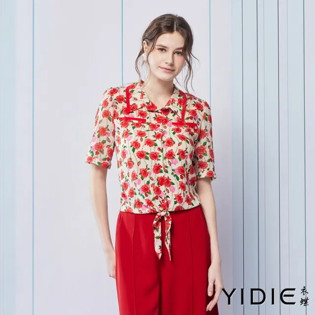 【YIDIE】印花下擺綁帶雪紡上衣-紅