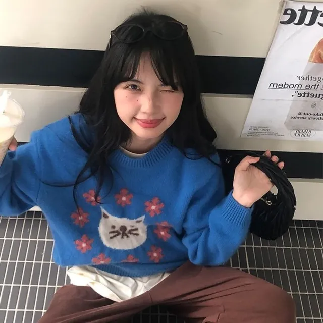 【AS 梨卡】女裝 毛衣 針織衫 圓領針織 慵懶風毛衣 貓頭圖案 小花上衣 長袖針織 百搭 ES012(毛衣 針織衫)