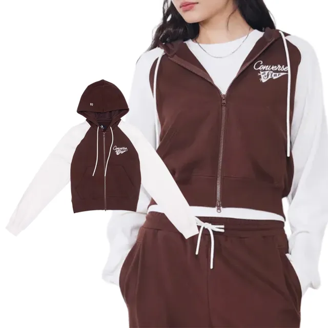 【CONVERSE】Retro Full Zip Fleece Top 外套 女款 咖色 短版 連帽 WCJ448-J9T