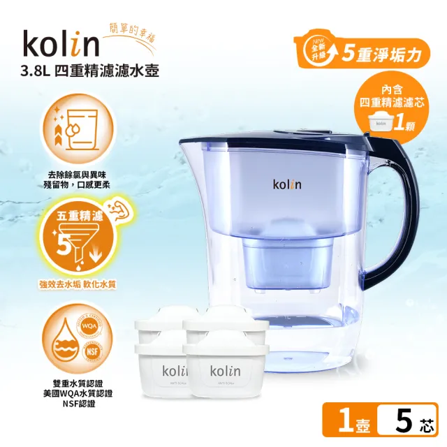 【Kolin 歌林】3.8L濾水壺(內含四重濾芯*1)+五重淨垢濾芯4入(共1壺5芯/適用Brita)