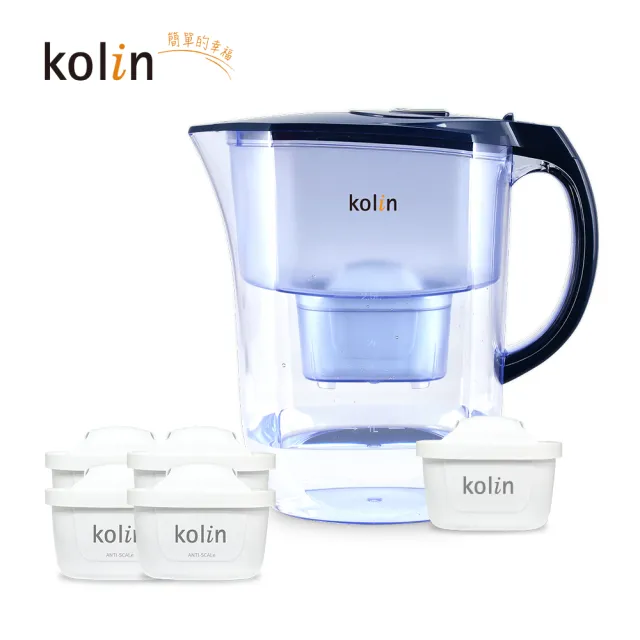 【Kolin 歌林】3.8L濾水壺(內含四重濾芯*1)+五重淨垢濾芯4入(共1壺5芯/適用Brita)