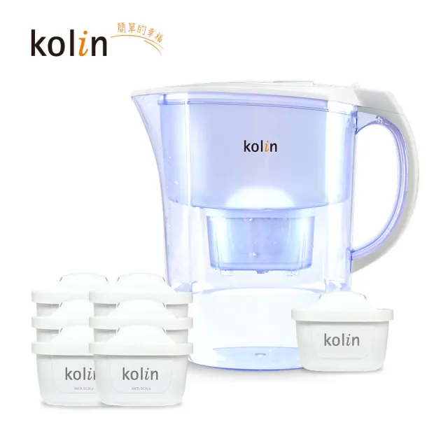 【Kolin 歌林】3.8L濾水壺(內含四重濾芯*1)+五重淨垢濾芯6入(共1壺7芯/適用Brita)