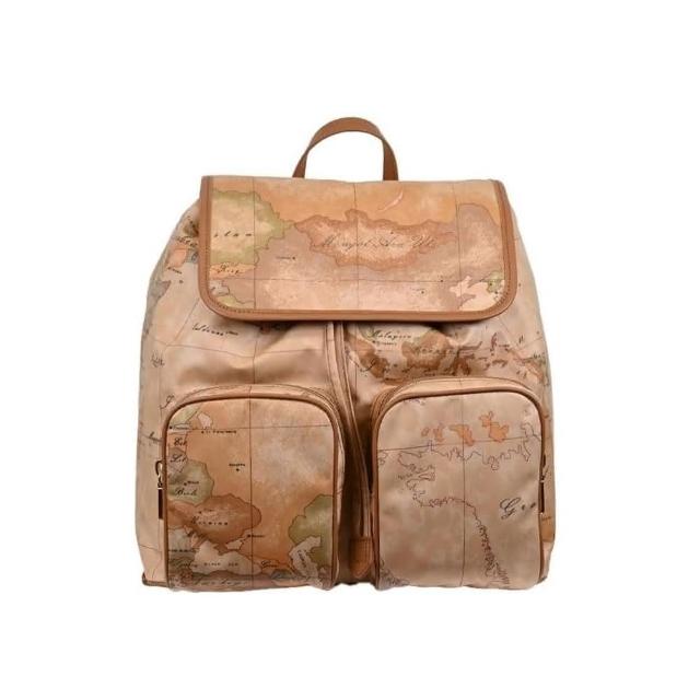 【Alviero Martini】義大利地圖包 PU尼龍翻蓋雙口袋後背包30cm(地圖黃)