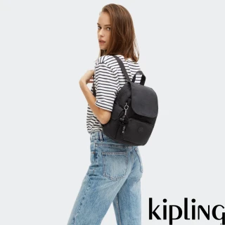 【KIPLING】『猴子包』曜岩黑品牌經典圓標拉鍊掀蓋後背包-CITY PACK MINI