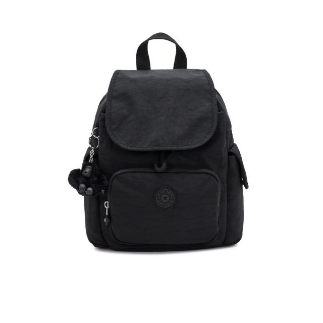 【KIPLING】『猴子包』曜岩黑品牌經典圓標拉鍊掀蓋後背包-CITY PACK MINI