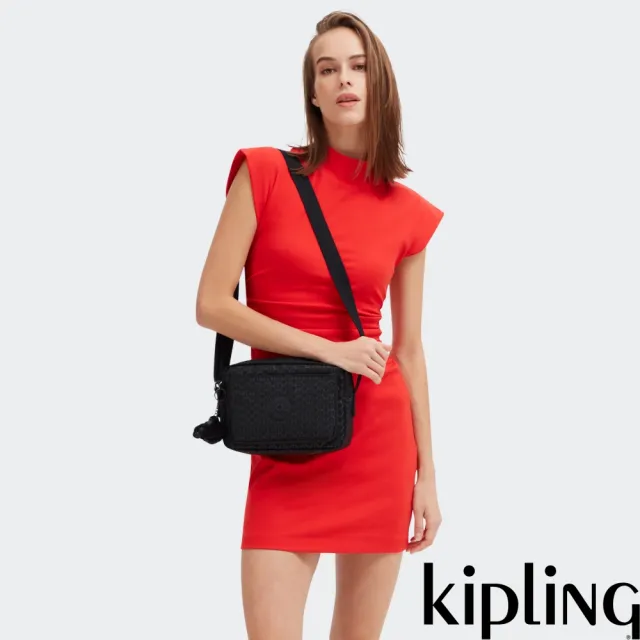 【KIPLING】經典黑菱格紋印花多層隨身斜背包-ABANU M 女包