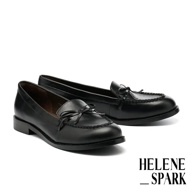 【HELENE_SPARK】復古學院風蝴蝶結全真皮樂福低跟鞋(黑)