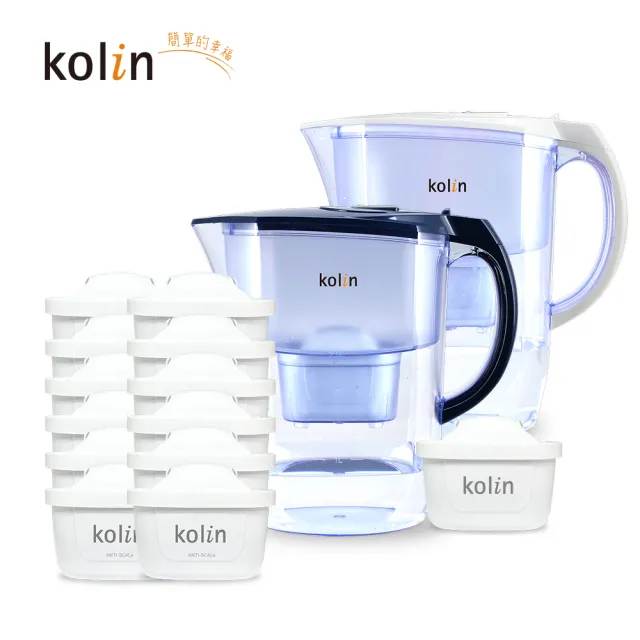 【Kolin 歌林】3.8L濾水壺(內含四重濾芯*1)+五重淨垢濾芯12入(共1壺13芯/適用Brita)