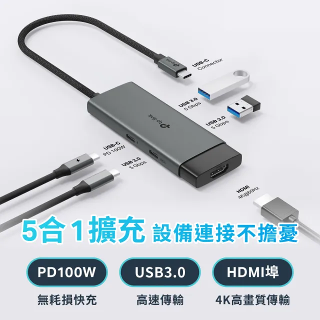 【TP-Link】UH5020C Type-C 5合1多功能轉接器 5埠HUB集線器 HDMI USB3.0 PD快充(100W)