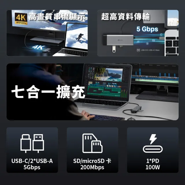 【TP-Link】UH7020C Type-C 7合1多功能轉接器 7埠HUB集線器 HDMI USB3.0 PD快充(100W)