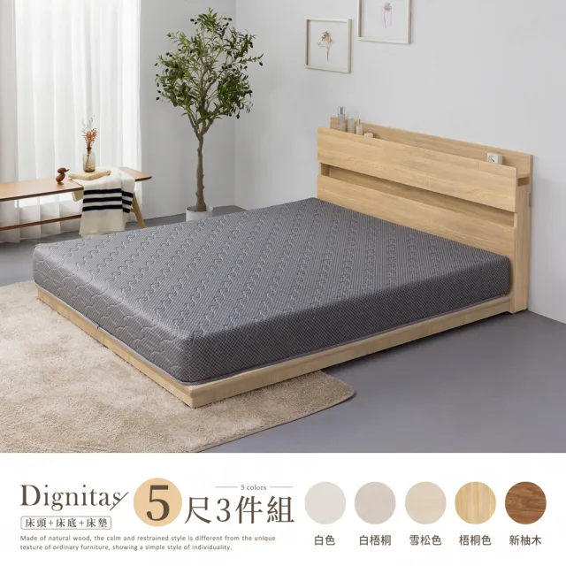 【H&D 東稻家居】DIGNITAS狄尼塔斯5尺插座雙人房間3件組 MIT 台灣製(床頭+床底+床墊 附燈 2色選)