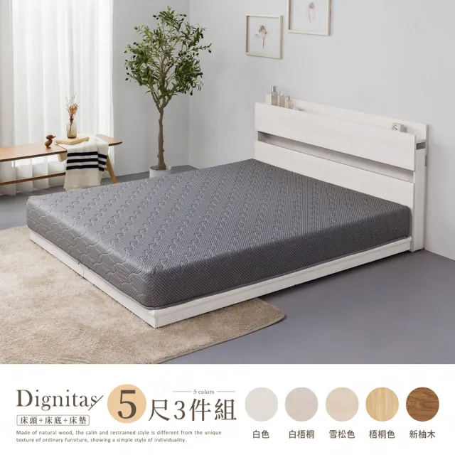 【H&D 東稻家居】DIGNITAS狄尼塔斯5尺插座雙人房間3件組 MIT 台灣製(床頭+床底+床墊 附燈 2色選)