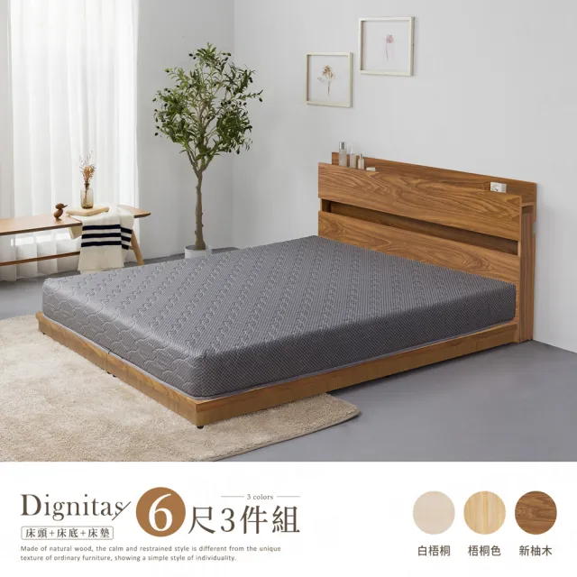 【H&D 東稻家居】DIGNITAS狄尼塔斯6尺插座雙人加大房間3件組 MIT 台灣製(床頭+床底+床墊 附燈 多色選)